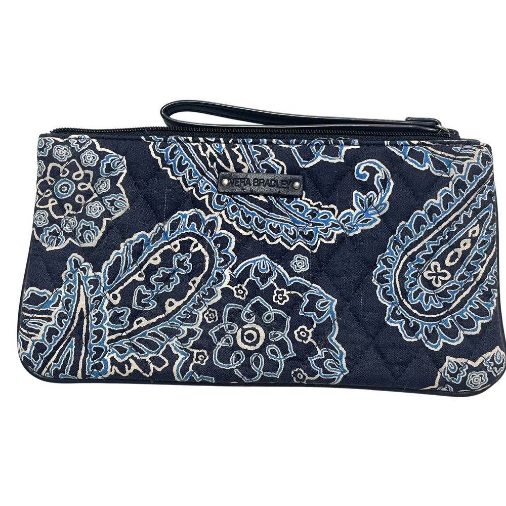 Vera Bradley Quilted Paisley Wristlet Clutch  Slim Bag Navy Blue